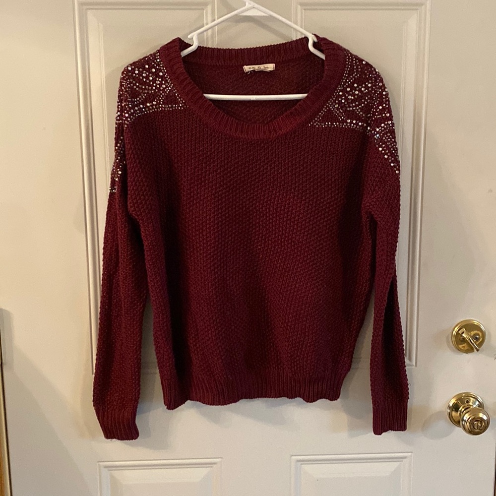 Burgundy knit sweater with jeweled shoulders